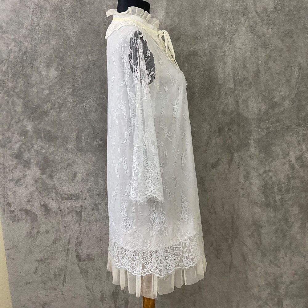 Chibi White Button Shirt Dress XS blue LS Lace Ruffle Coquette Victorian Dainty - Picture 4 of 11